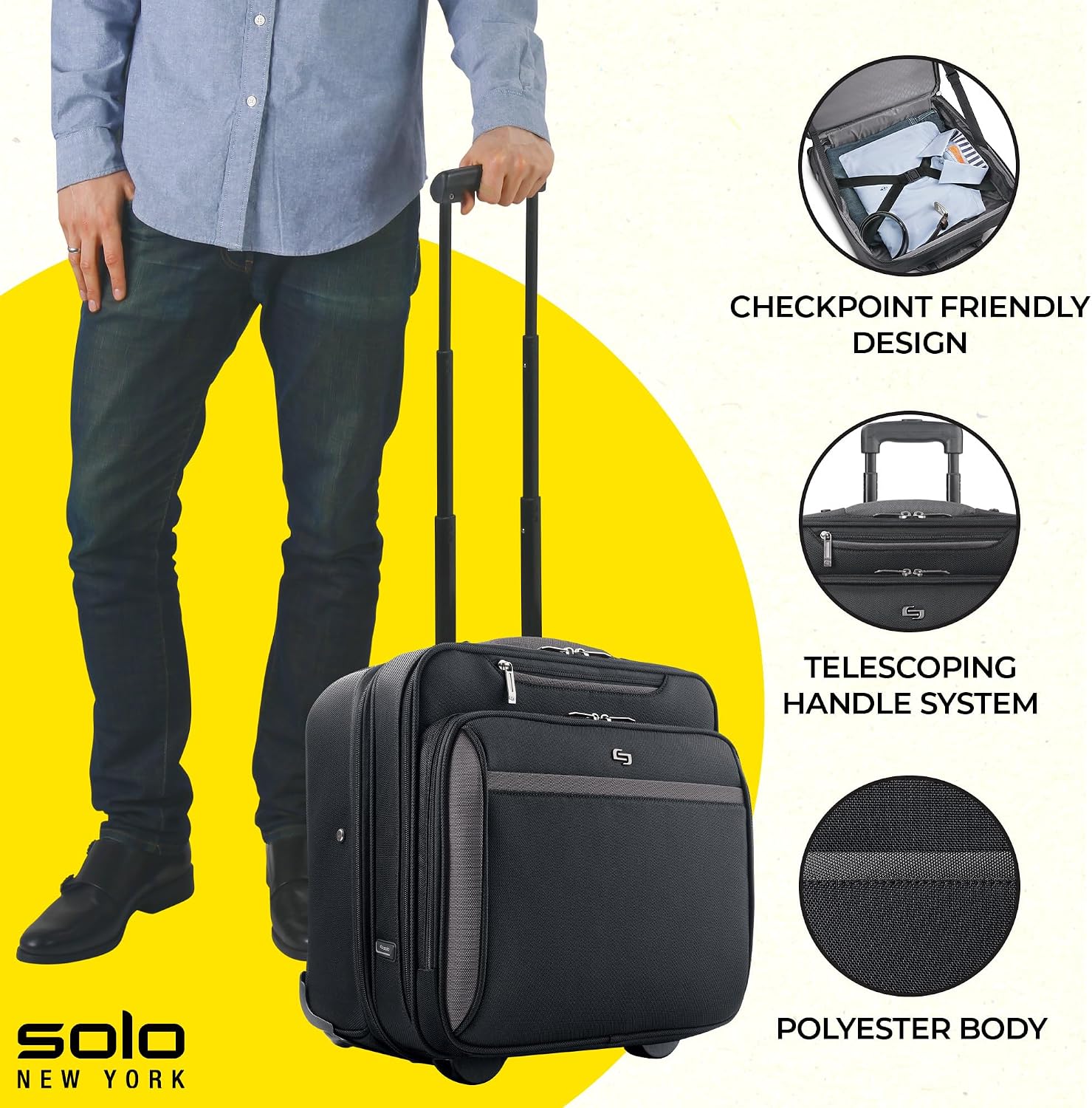 Solo New York Rolling Case with Wheels - Roller Laptop Bag, Wheeled Briefcase for Women & Men, Carry On Size for Travel, Fits 16' Computer - West Side, Black