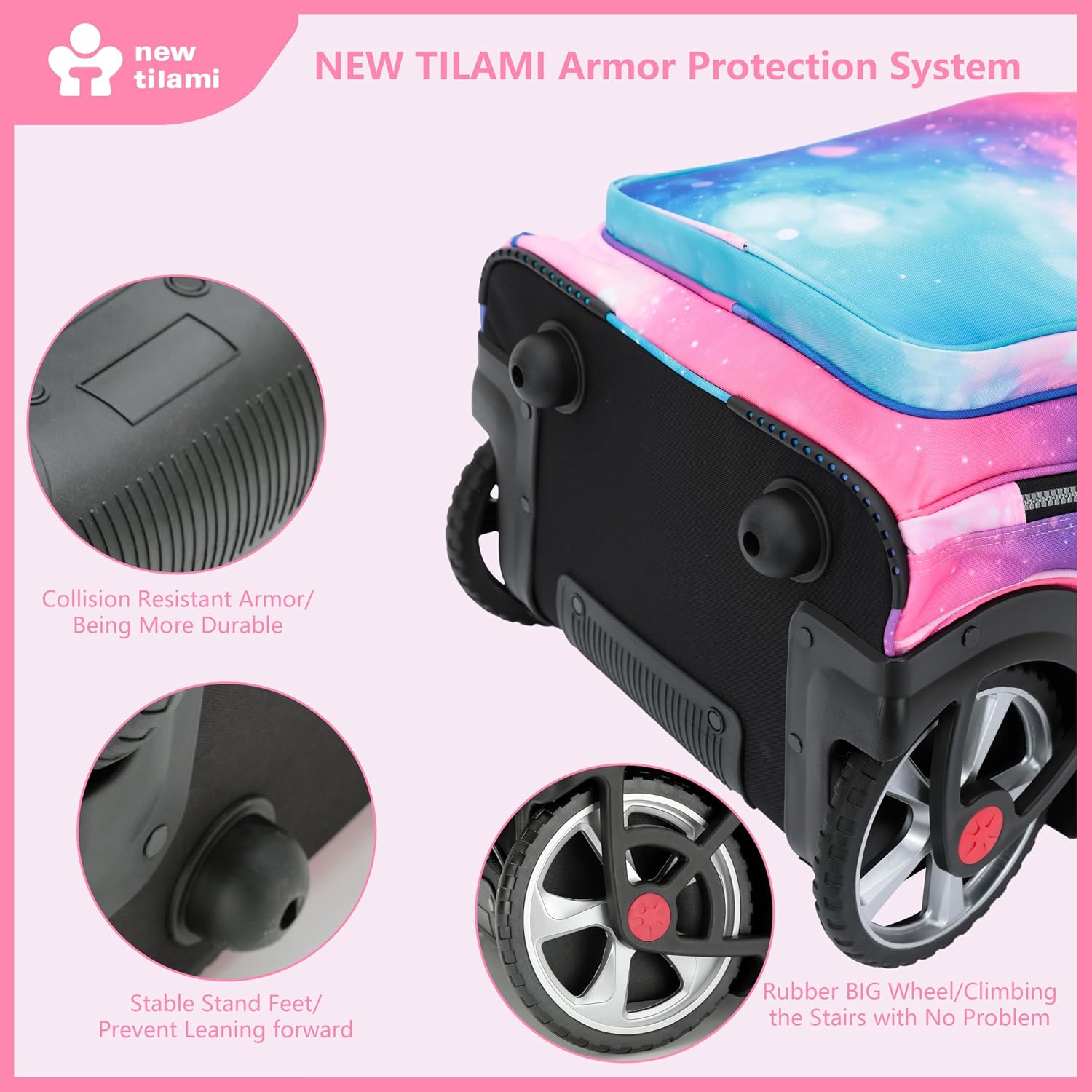 NEW TILAMI 20' Rolling Backpack for Teens Adults, Climbing Stairs Waterproof Backpack with Wheels for School Business Trave Camping with Laptop Compartment, Fit 17 Inch Laptop, Pop Gradient