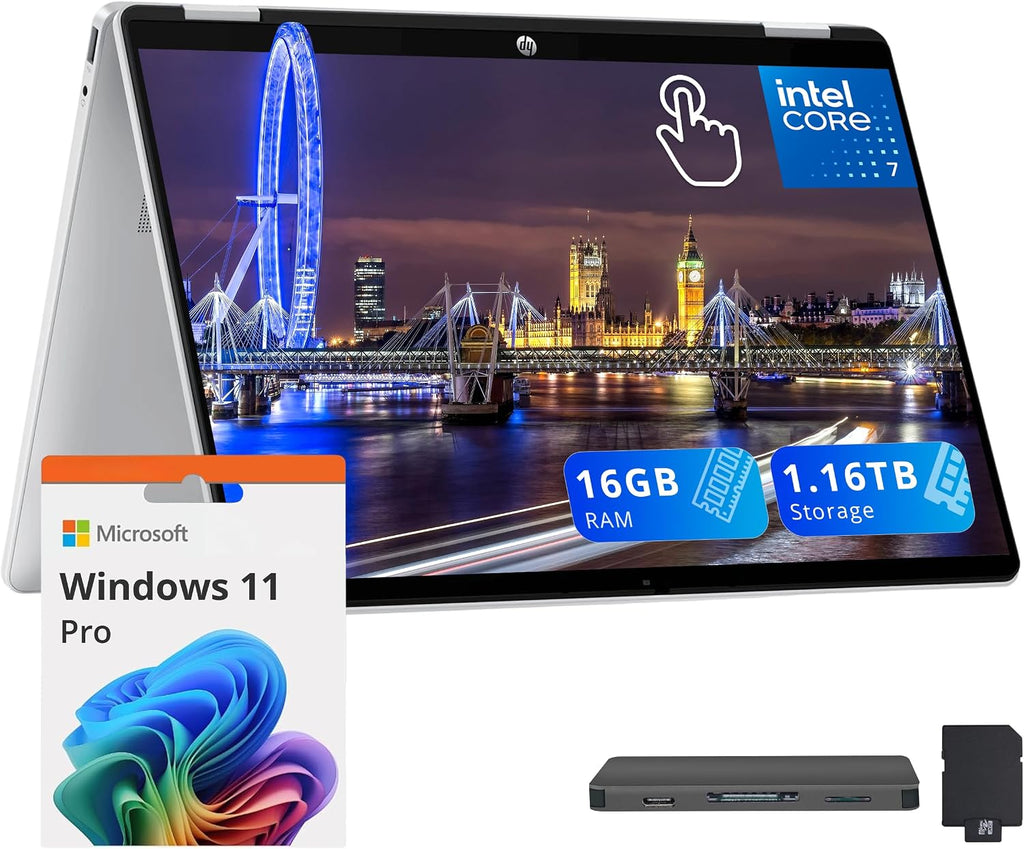 HP OmniBook 5 Flip 2-in-1 14' 2K Touchscreen Laptop, Intel 7 150U, 16GB LPDDR5, 1.16TB Storage(1TB SSD+160GB Docking Station Set), Backlit Keyboard, 5MP IR Camera, Wi-Fi 6E, Windows 11 Pro, Silver
