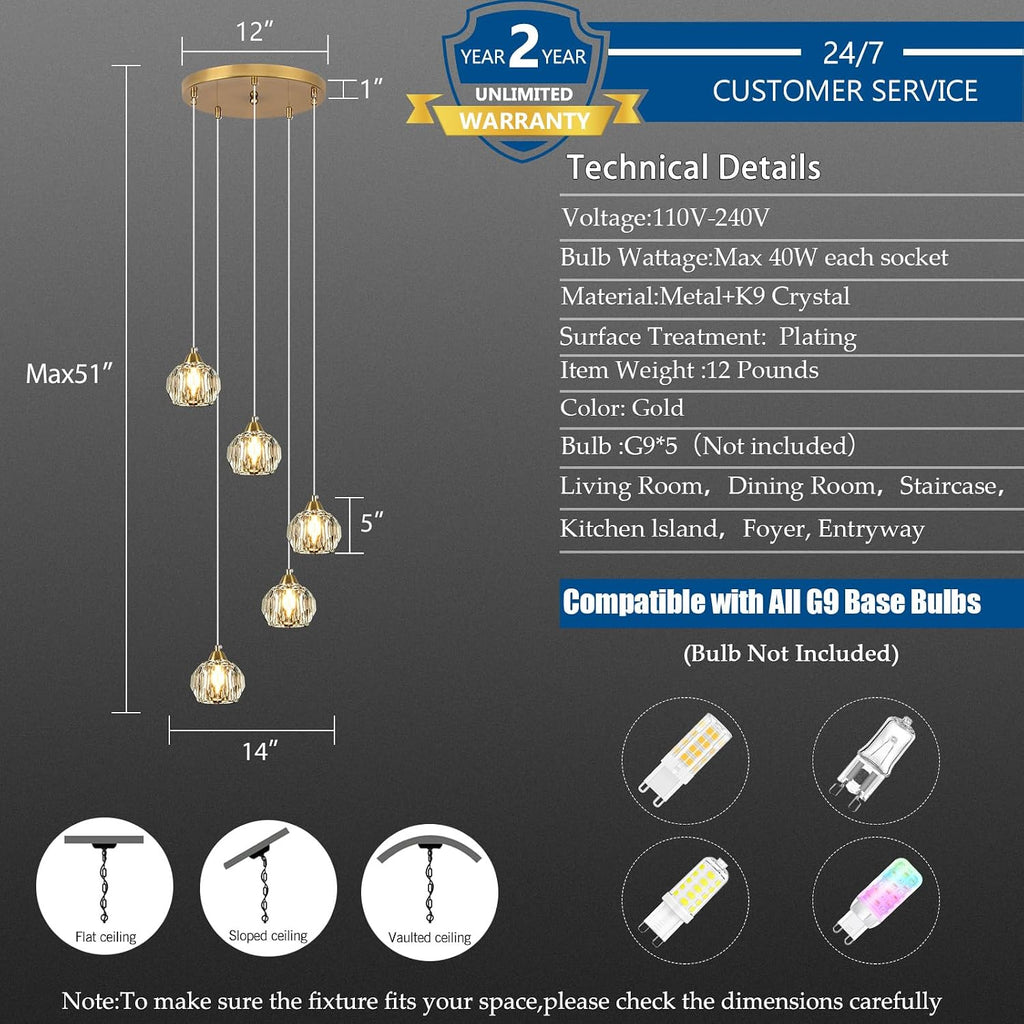 Weesalife Crystal Chandeliers for Dining Room Lights Fixture Over Table, 5-Light Gold Modern Pendant Light Fixture，Crystal Chandeliers for Living Room Kitchen Island Staircases Foyer Hallway Bar