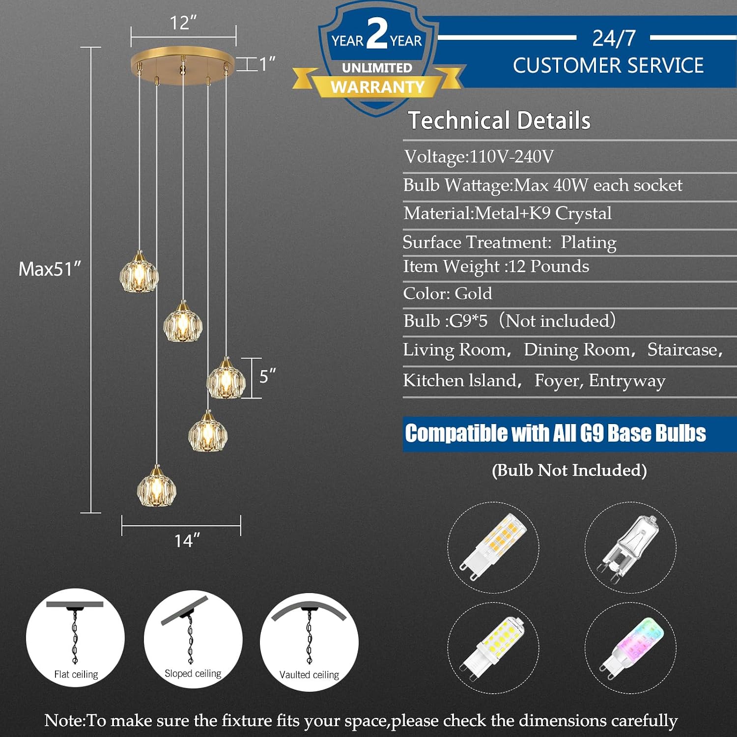 Weesalife Crystal Chandeliers for Dining Room Lights Fixture Over Table, 5-Light Gold Modern Pendant Light Fixture，Crystal Chandeliers for Living Room Kitchen Island Staircases Foyer Hallway Bar