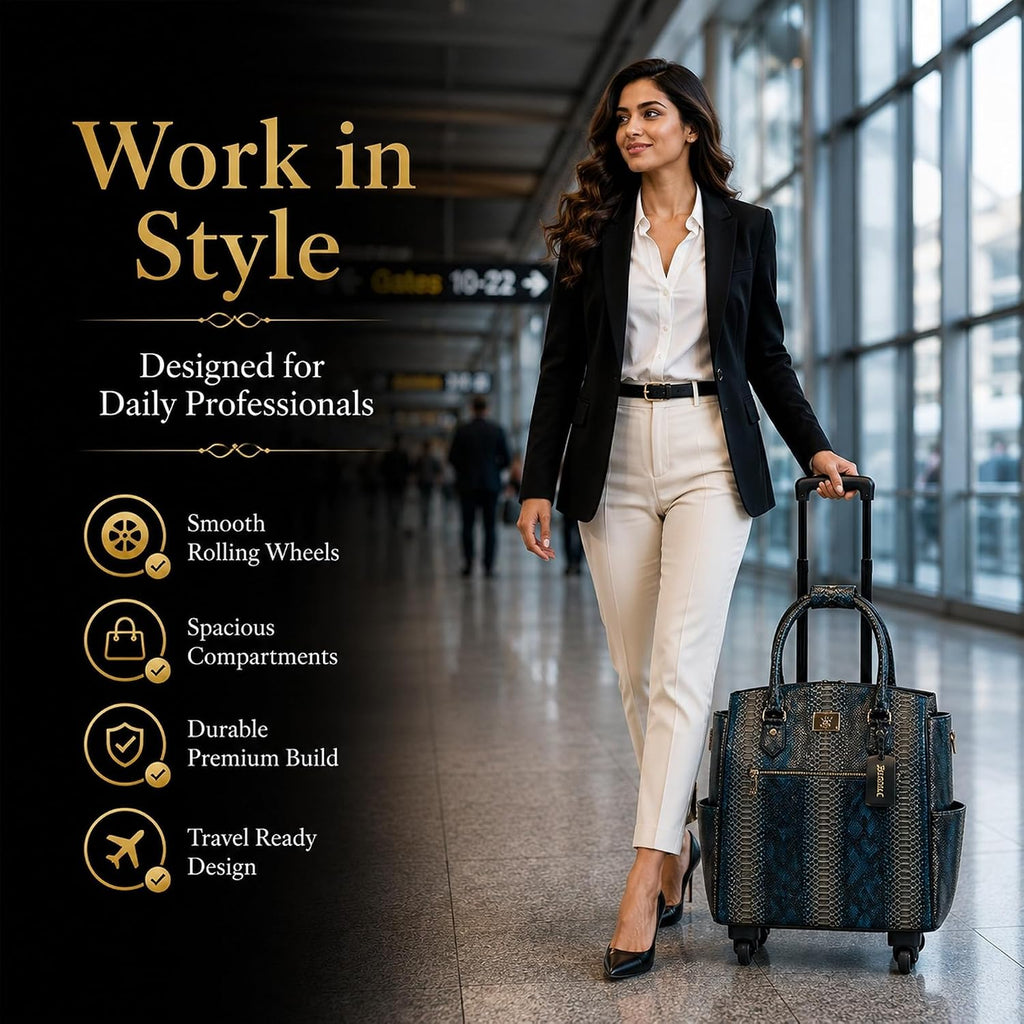 Rolling Laptop Bag for Women with Wheels & Handle Luxury Pure Leather Embossed Work Bag with Laptop Sleeve Travel Briefcase