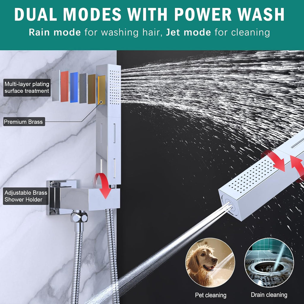 Enga 20 X 14 Inch LED Rain Shower System, Temperature-Display Thermostatic Shower Valve, 4PCS Shower Jets with ON-OFF, Dual Function Handheld Sprayer, Chrome