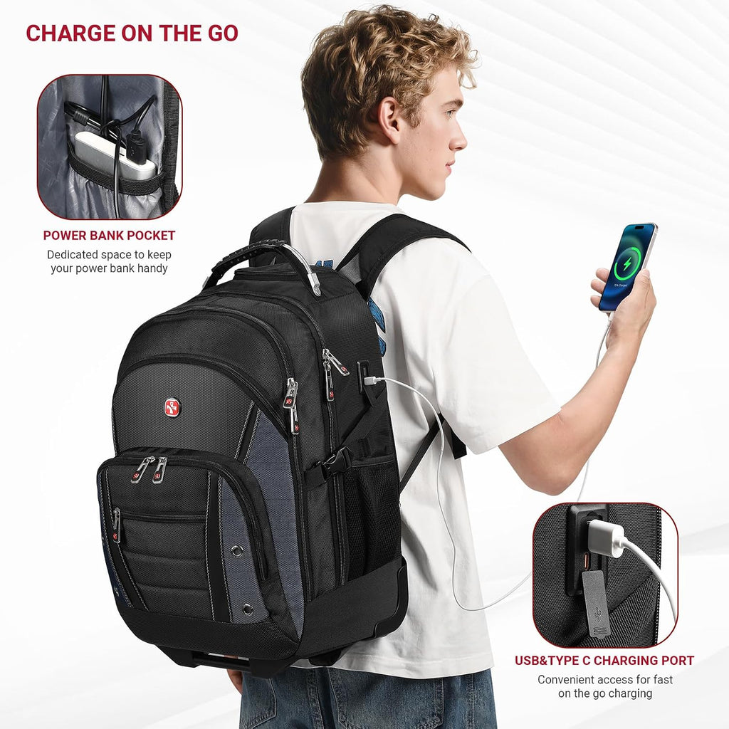 star cloud Rolling Backpack with Wheels, USB & Type-C Charging Port, 21x14x9 Water Resistant Wheeled Backpack, 17.3' Roller Laptop Backpack, Carry On Luggage for Business Travel College Work Bag