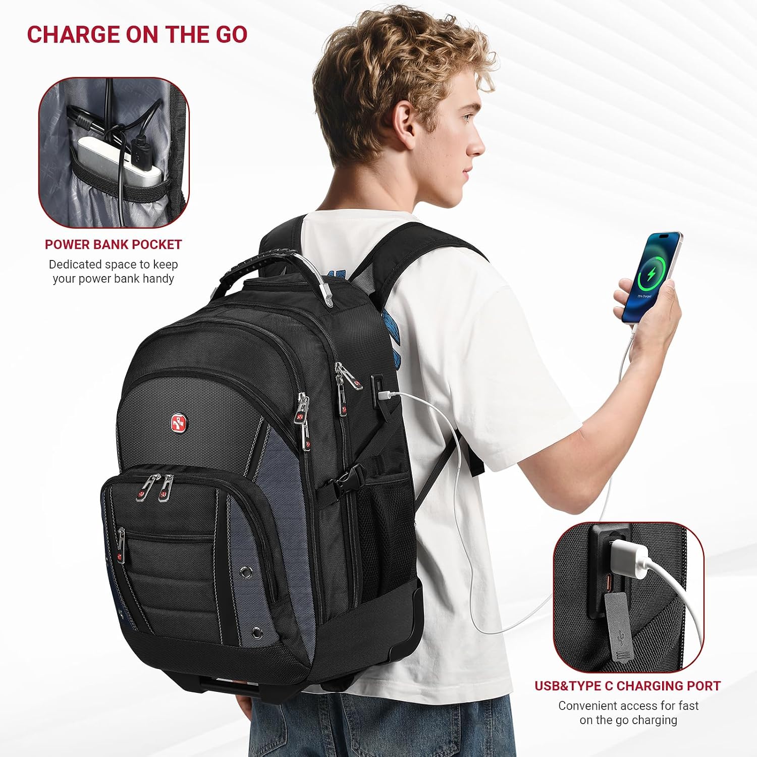 star cloud Rolling Backpack with Wheels, USB & Type-C Charging Port, 21x14x9 Water Resistant Wheeled Backpack, 17.3' Roller Laptop Backpack, Carry On Luggage for Business Travel College Work Bag