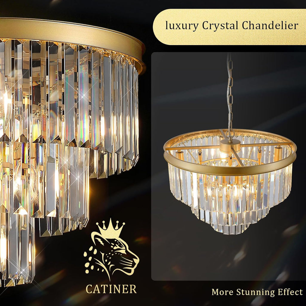 CATINER Modern Crystal Chandeliers,Gold 20' Round Chandeliers for Dining Room 3 Tiers 7 Lights Luxury K9 Crystal Ceiling Pendant Light Fixture for Foyer Bedroom Closet