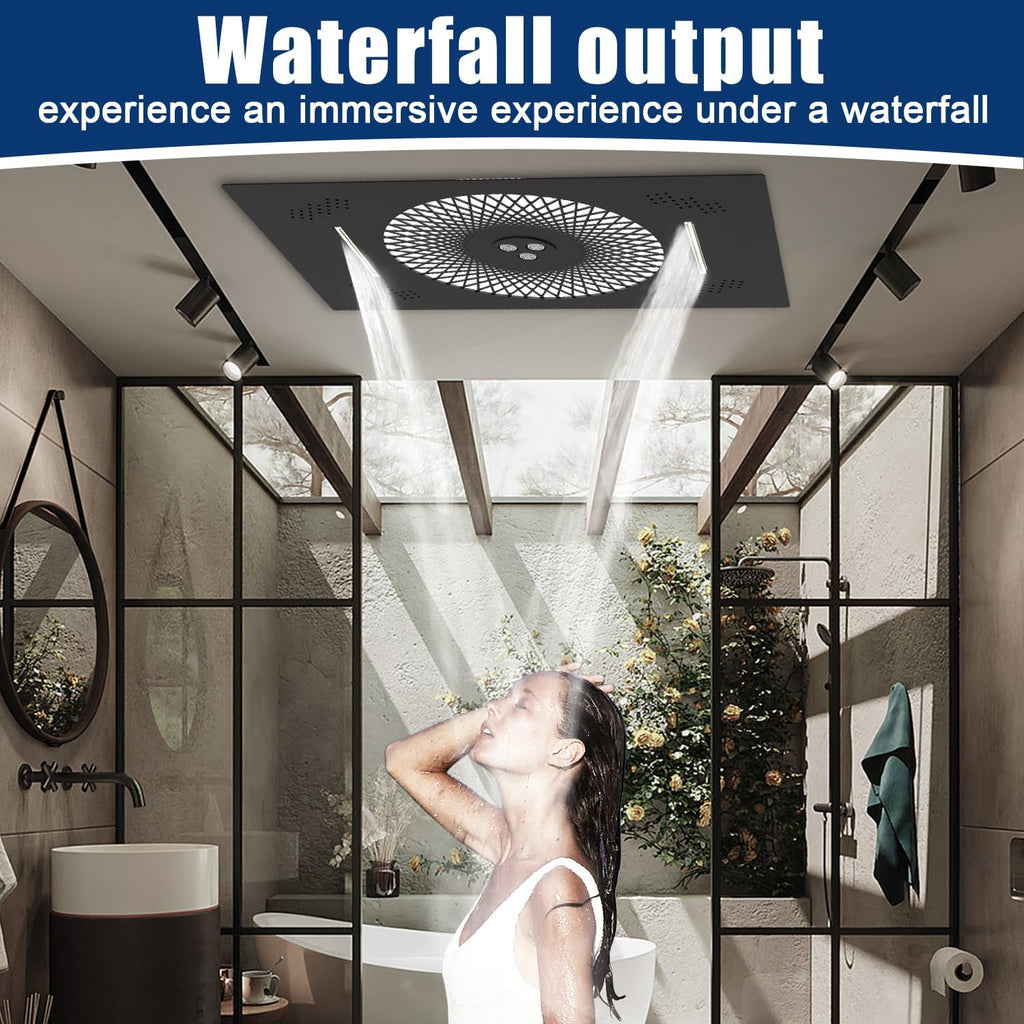 24x16 inch LED Shower head, 2 Function Stainless Steel Rectangle Waterfall And Mist Ceiling Mount Shower Head, 600 * 405mm Spray Waterfall Shower Head with Remote Control, Matte Black
