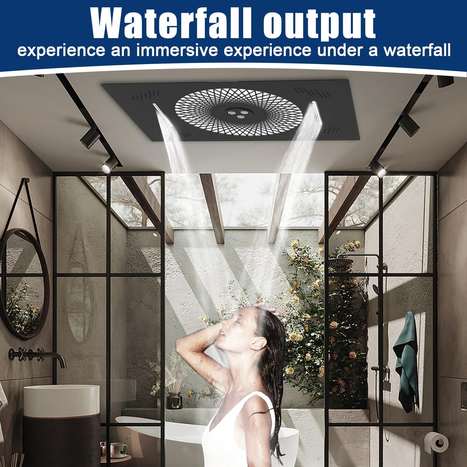 24x16 inch LED Shower head, 2 Function Stainless Steel Rectangle Waterfall And Mist Ceiling Mount Shower Head, 600 * 405mm Spray Waterfall Shower Head with Remote Control, Matte Black