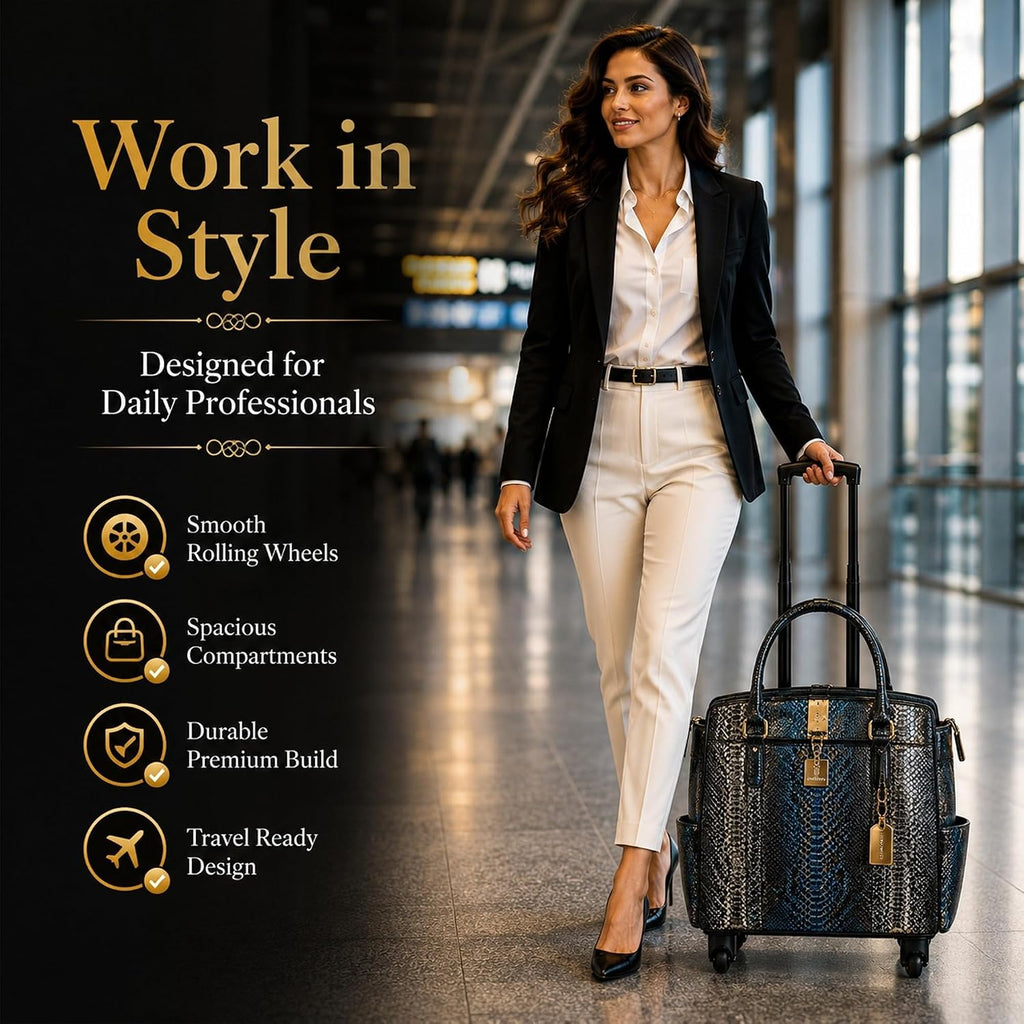 Rolling Laptop Bag for Women with Wheels & Handle Luxury Pure Leather Embossed Work Bag with Laptop Sleeve Travel Briefcase