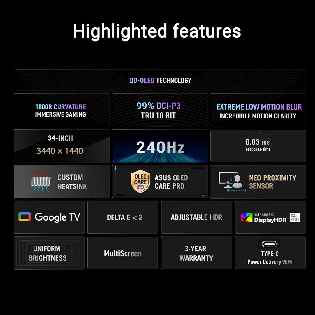 ASUS ROG Strix 34' OLED Curved Ultrawide Gaming Monitor (XG34WCDMTG) – 240Hz, 0.03ms, FreeSync & GSYNC Compatible, WiFi 6, NVIDIA GeForce Now, Dolby Vision, Dolby Atmos