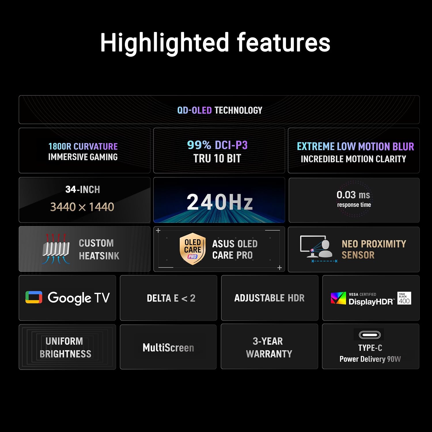 ASUS ROG Strix 34' OLED Curved Ultrawide Gaming Monitor (XG34WCDMTG) – 240Hz, 0.03ms, FreeSync & GSYNC Compatible, WiFi 6, NVIDIA GeForce Now, Dolby Vision, Dolby Atmos
