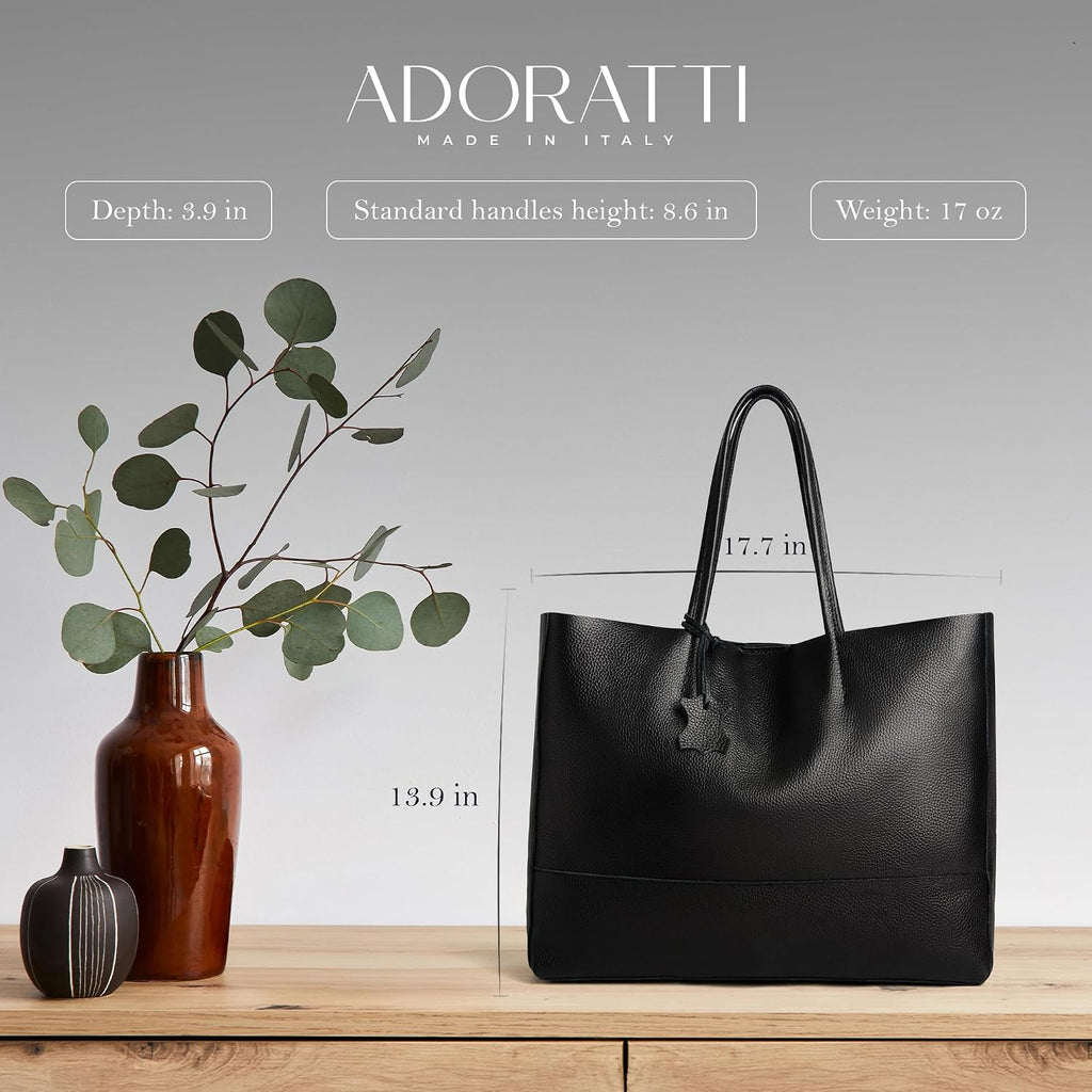 Italian Leather Tote Bag for Women - Large Shoulder Shopper, Fits 16' Laptop, Keychain Holder, Made in Italy