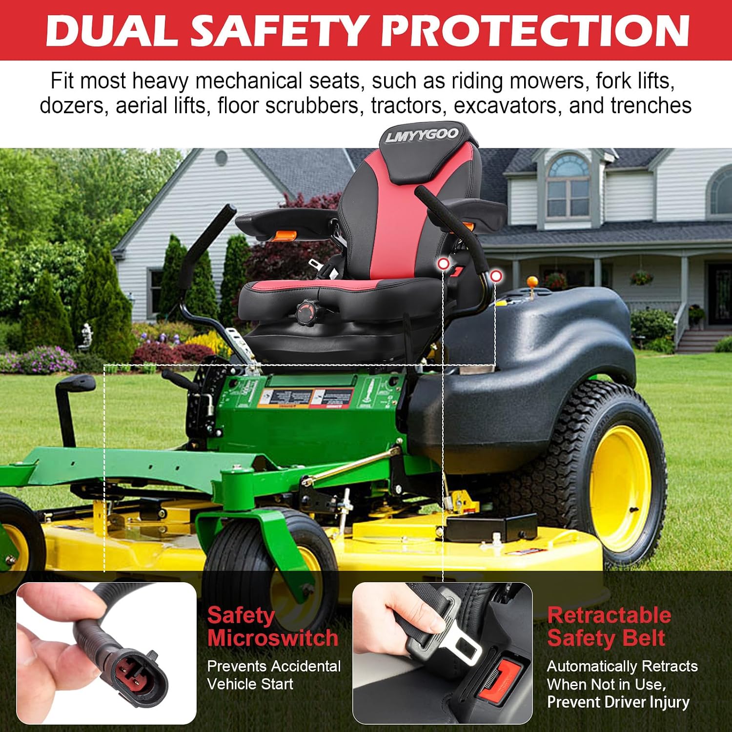 Universal Lawn Mover Seat, Zero Turn Mower Suspension Seat,Highback Low Suspension Forklift Seat with Adjustable Headrest,Adjustable Armrests Shock Absorber Heavy Duty Seat