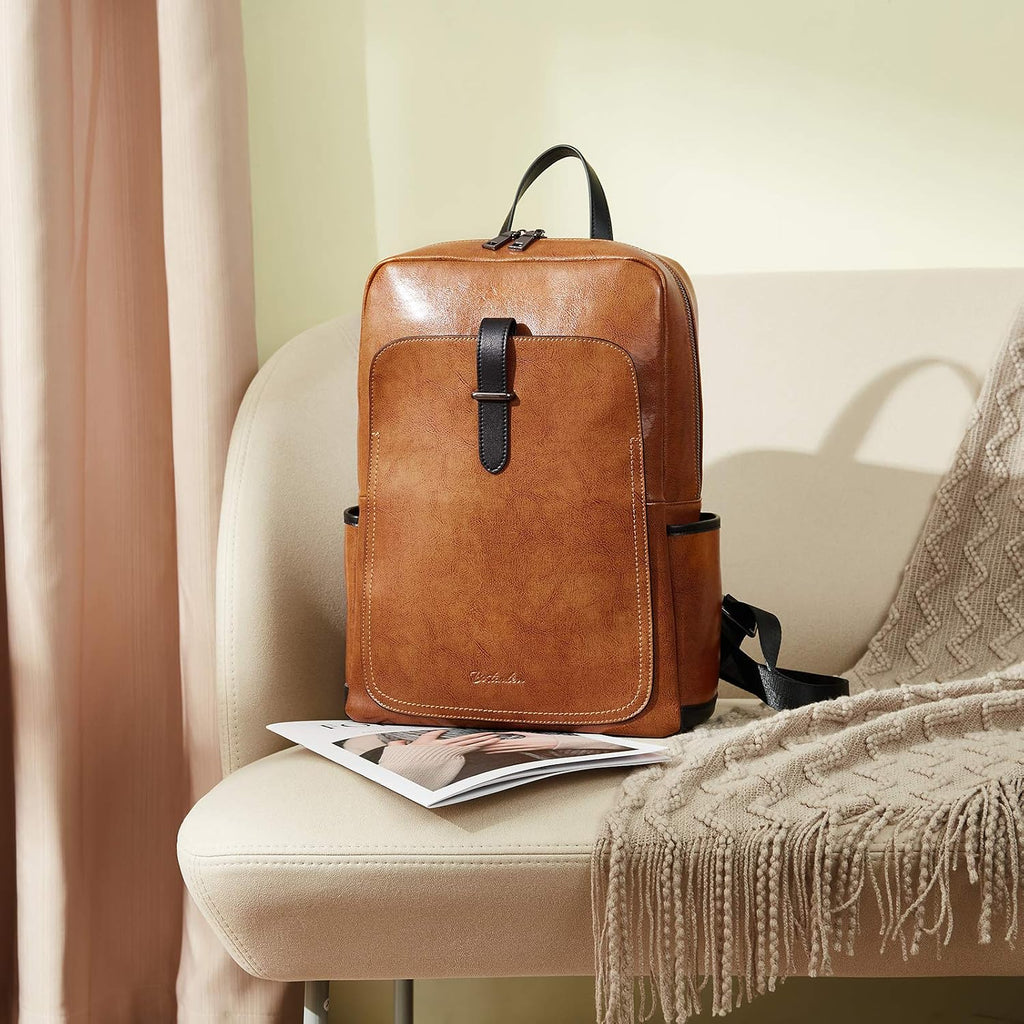 BOSTANTEN Leather Laptop Backpack for Women,15.6 inch Computer Backpack Purse College Daypack Work Travel Bag Brown