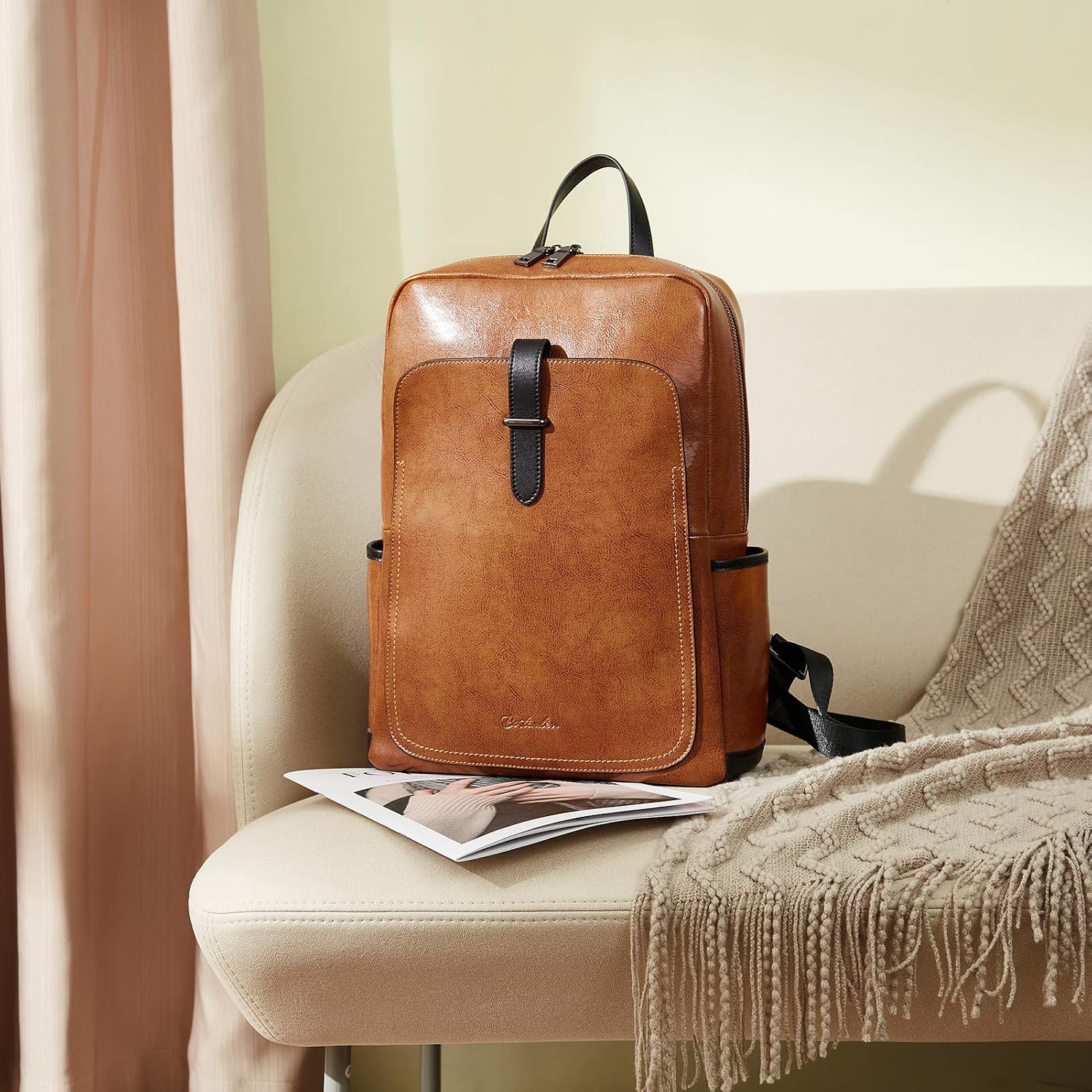 BOSTANTEN Leather Laptop Backpack for Women,15.6 inch Computer Backpack Purse College Daypack Work Travel Bag Brown
