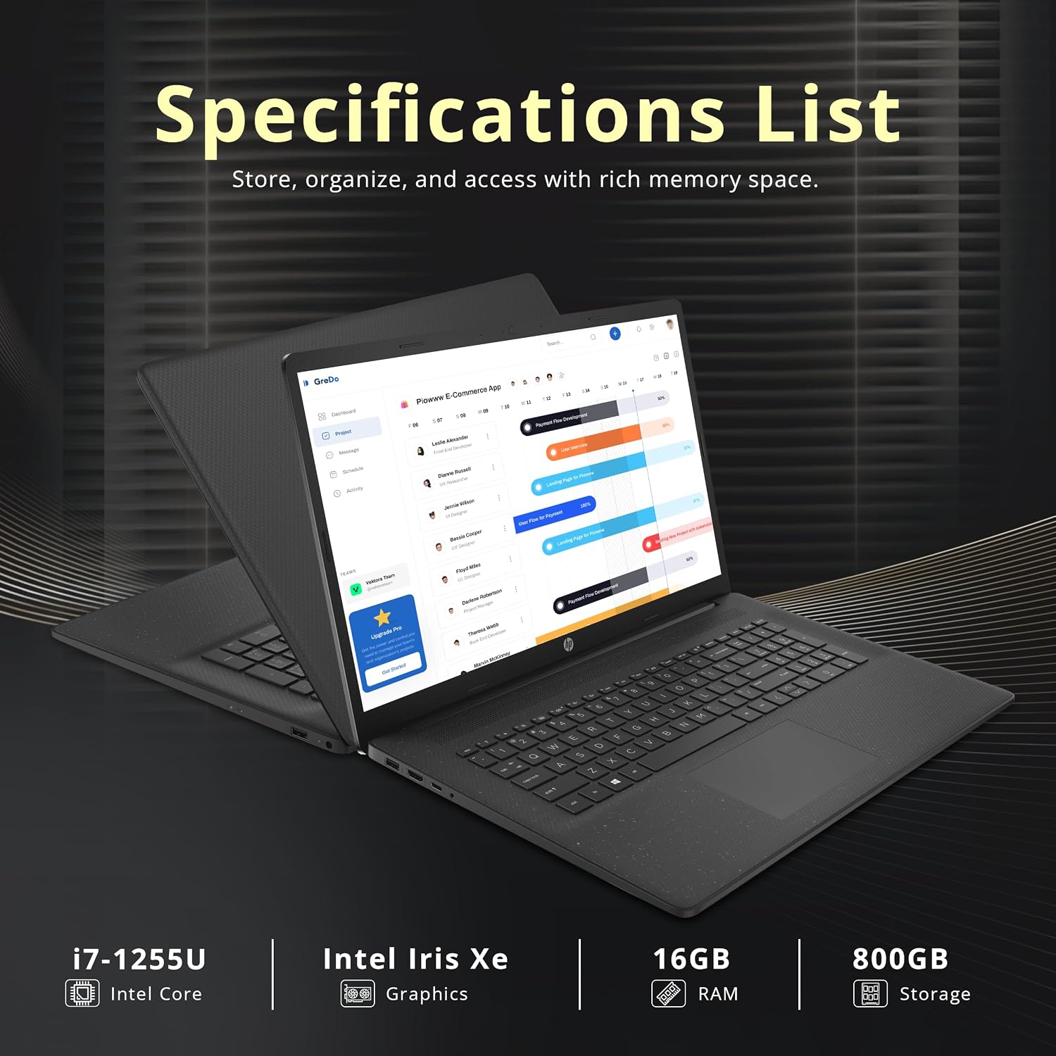 HP 17.3' HD+ Business Laptop, Intel i7-1255U, 16GB RAM, 800GB Storage (512GB SSD+288GB Docking Station Set), ‎Intel Iris Xe Graphics, Numeric Keypad, HD Camera, Wi-Fi, Bluetooth, Windows 11, Black