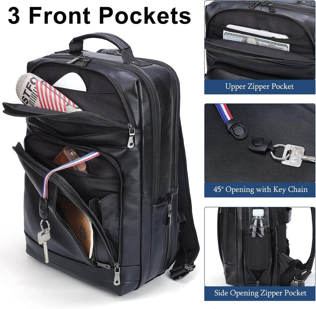 Masa Kawa Black Leather Laptop Backpack for Men Fits 16' 15.6' Computer, Business Travel Work Large Daypack Camping Weekender Bag