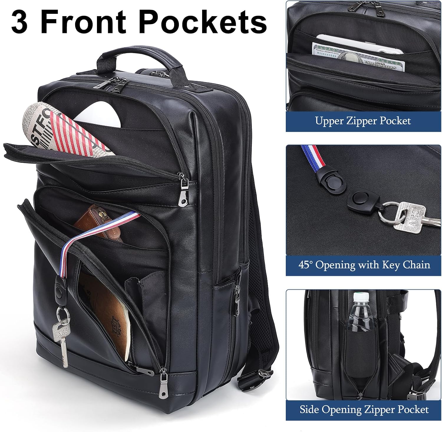 Masa Kawa Black Leather Laptop Backpack for Men Fits 16' 15.6' Computer, Business Travel Work Large Daypack Camping Weekender Bag