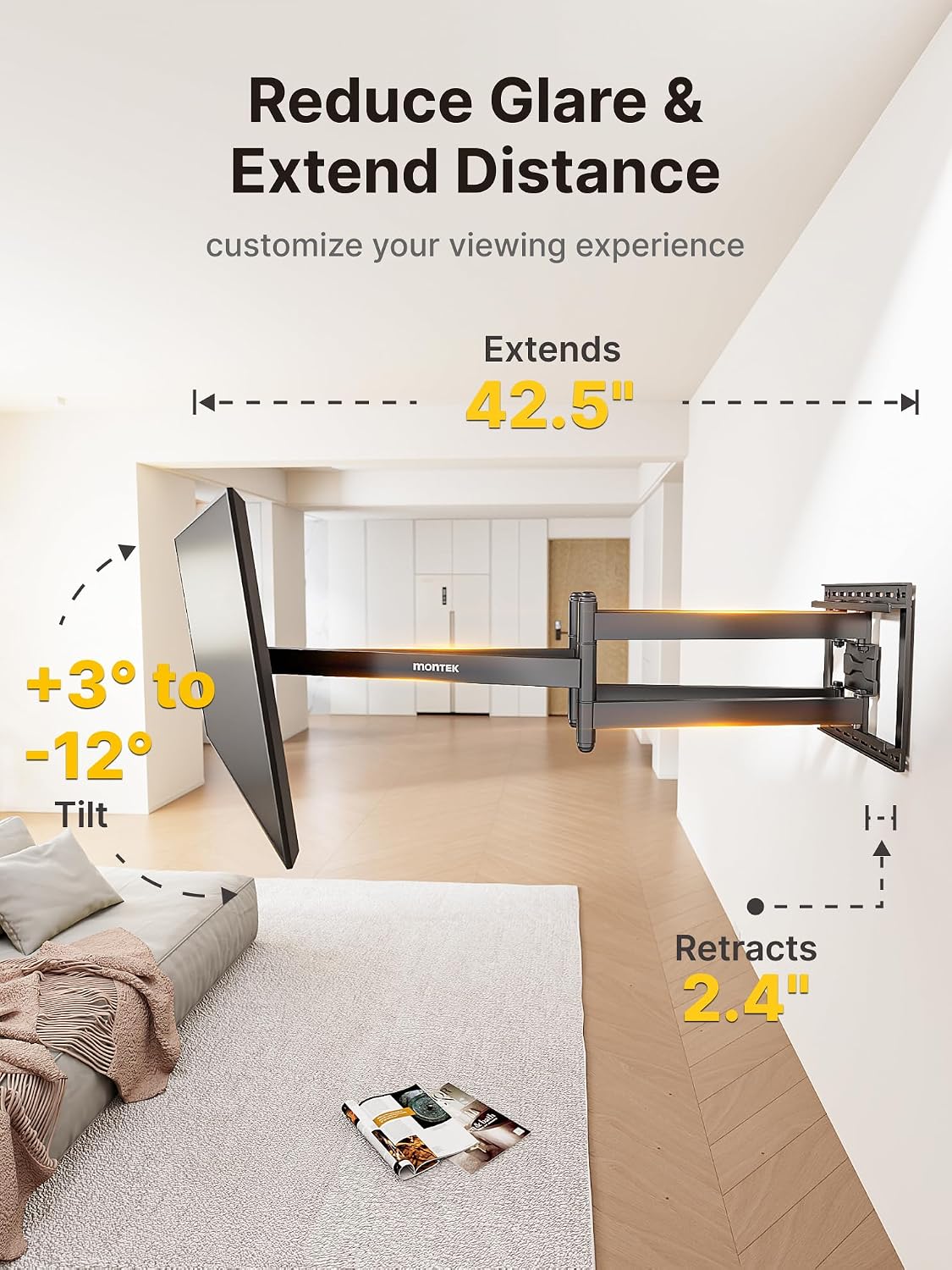 monTEK Long Arm TV Wall Mount for Most 43-90 Inch TVs, 42.5 Inch Long Extension TV Mount Swivel and Tilt, Full Motion Wall Mount Tv Bracket Fit Max VESA 800 x 400mm, Up to 132 lbs, 16',18' Studs