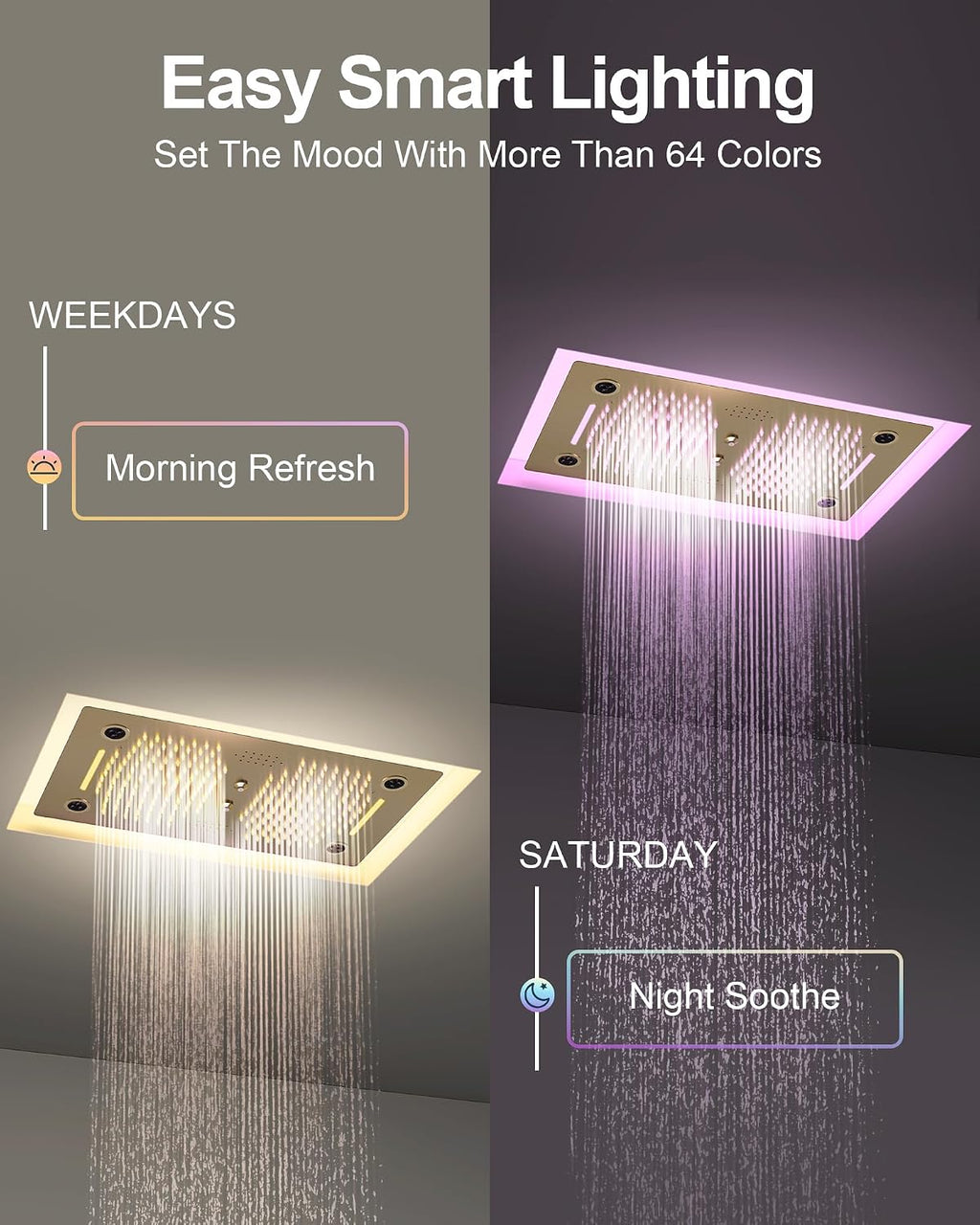 Luxury LED Shower System, 28' x 16' Ceiling Mount Bluetooth Music Speaker 4 Function Shower Head with 6 Body Jets, Brushed Gold