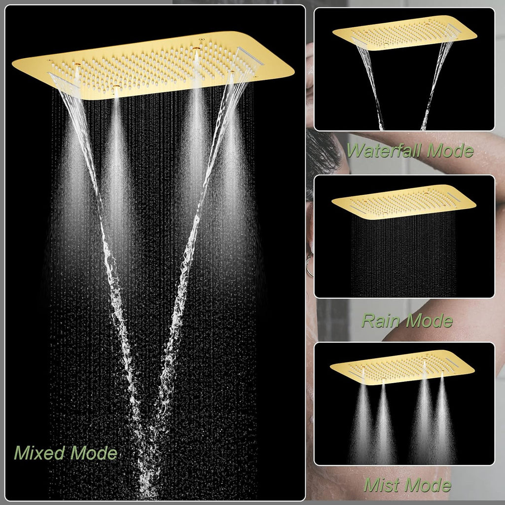 5 Function Thermostatic Shower System 16X24 inch Shower Head Set with Handheld Spray, 4 Body Jet, Brushed Gold