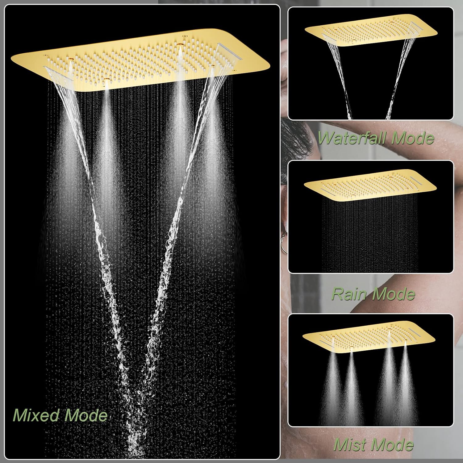 5 Function Thermostatic Shower System 16X24 inch Shower Head Set with Handheld Spray, 4 Body Jet, Brushed Gold
