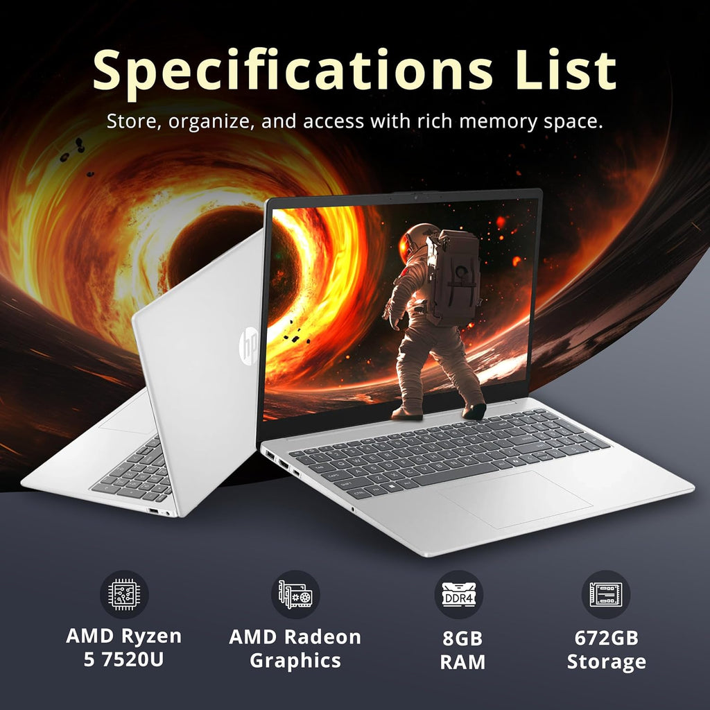 HP 15.6' FHD Touchscreen Laptop, AMD Ryzen 5 7520U, 8GB LPDDR5 RAM, 672GB Storage (512GB SSD+160GB Docking Station Set), Radeon Graphics, Copilot, Numeric Keypad, Wi-Fi 6, Win 11, Silver