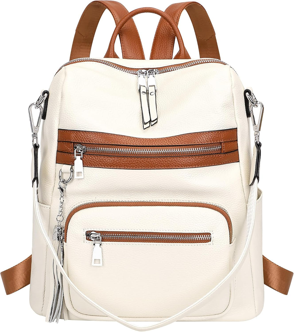 ALTOSY Genuine Leather Backpack Purse for Women Large Shoulder Bag With Laptop Compartment Multiple Pockets (S106 Beige/Brown)