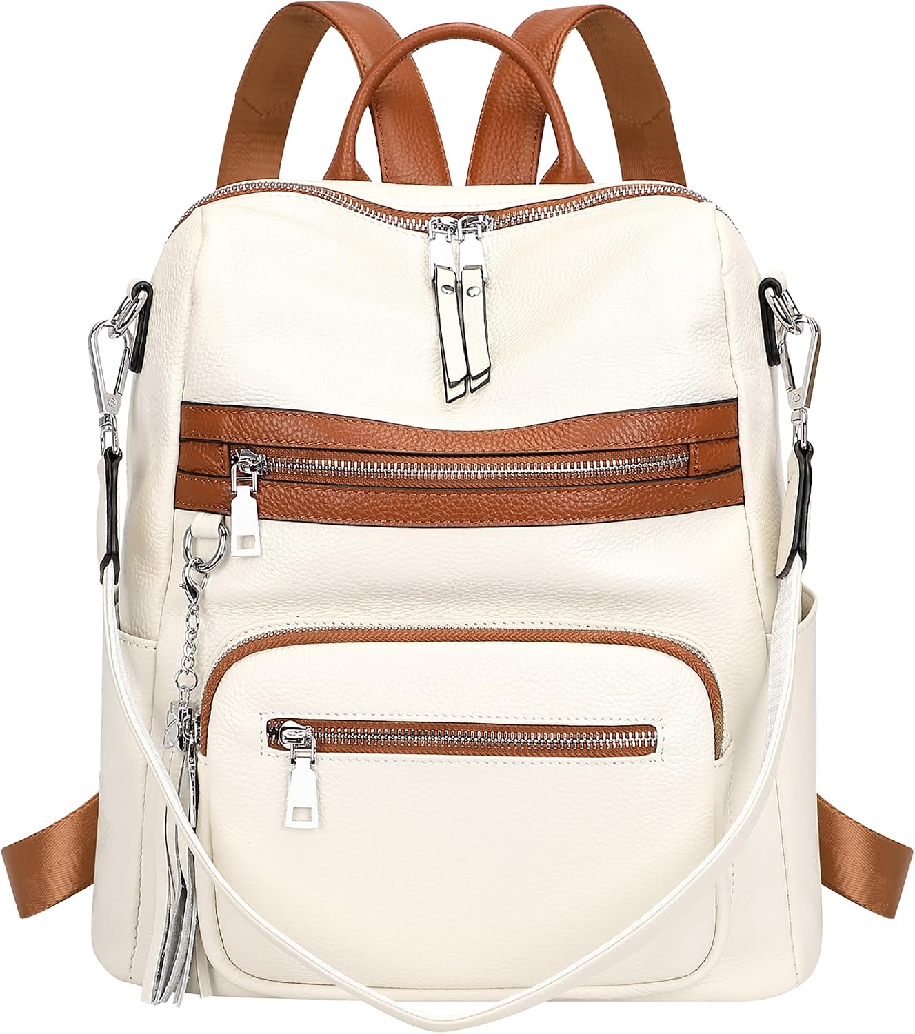 ALTOSY Genuine Leather Backpack Purse for Women Large Shoulder Bag With Laptop Compartment Multiple Pockets (S106 Beige/Brown)