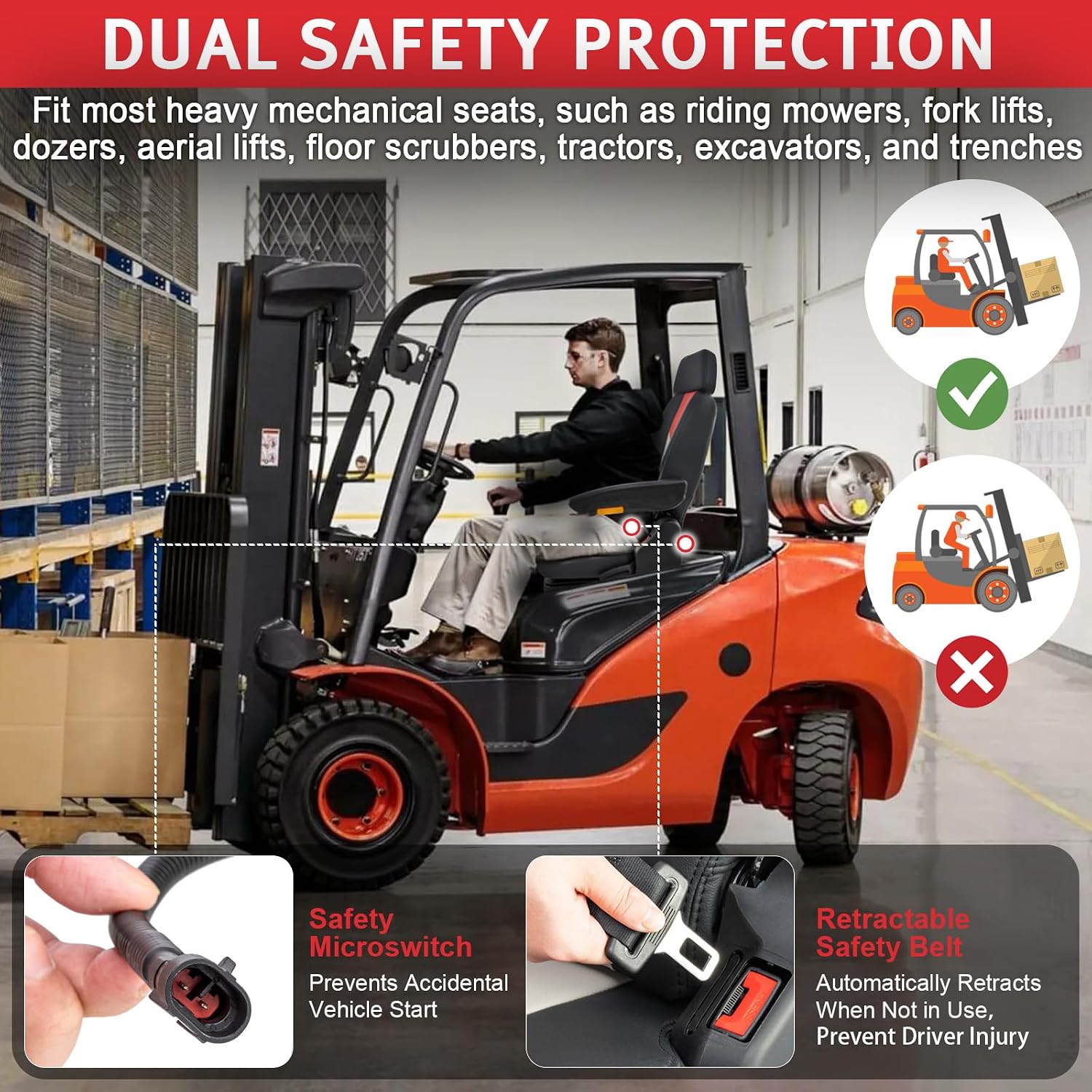 Universal Lawn Mower Seat,Highback Low Suspension Forklift Seat with Adjustable Headrest,Adjustable Armrests Shock Absorber Heavy Duty Seat for Zero Turn Mower/Excavator/Harvester/Tractor