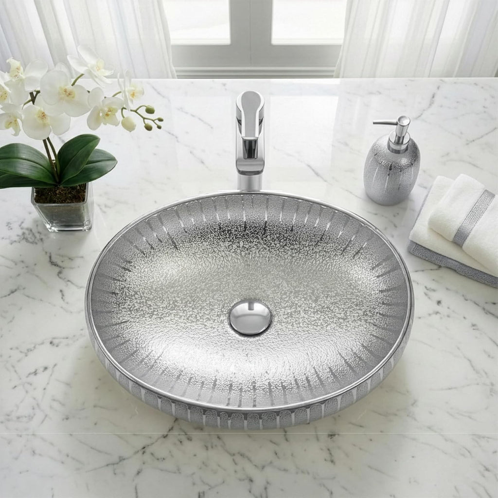 Fine Fixtures 23' x 15' Luxury Silver Vessel Bathroom Sink - Oval Ceramic Sink Bowl, Elegant Countertop Wash Basin, Perfect Sink for Vanity Top Installation