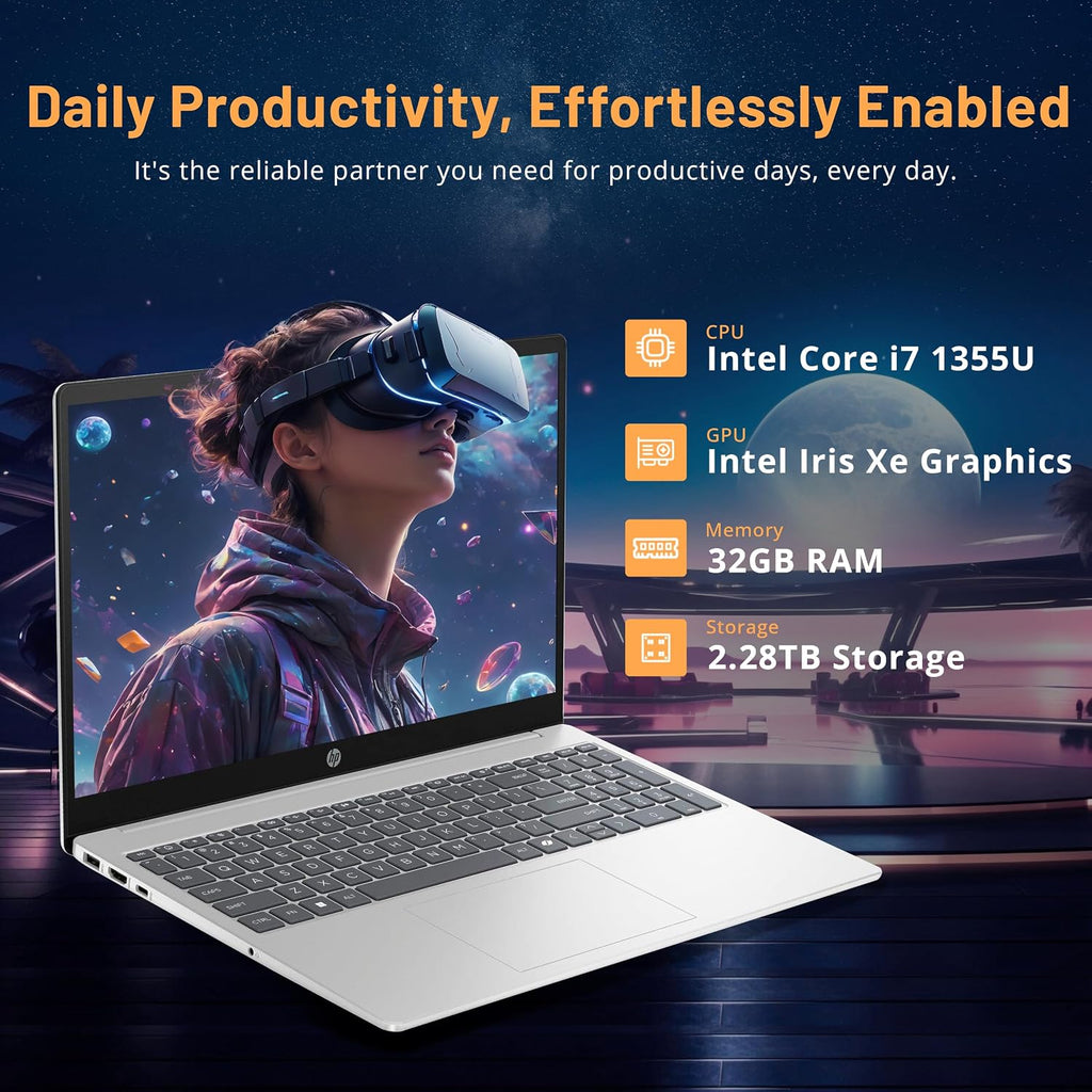 HP 15.6' FHD Touchscreen Laptop, Intel i7-1355U, 32GB RAM, 2.28TB Storage(2TB SSD+288GB Docking Station Set), Intel Iris Xe Graphics, Numeric Keypad, 720p HD Camera, Wi-Fi 6, Win 11 Pro, Silver