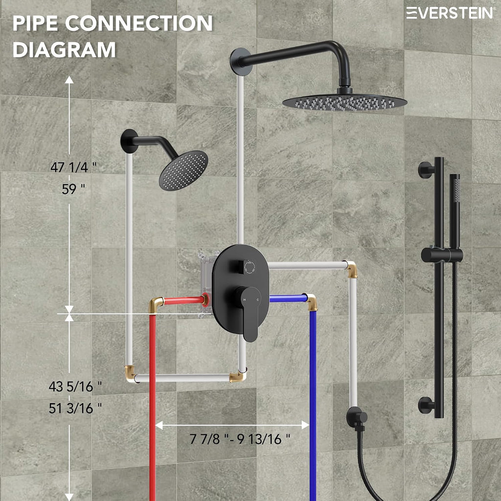 Wall Mount 10' High-Pressure Rainfall Shower Faucet with Slide Bar, Dual Rainfall Shower Head System with Valve (Matte Black)