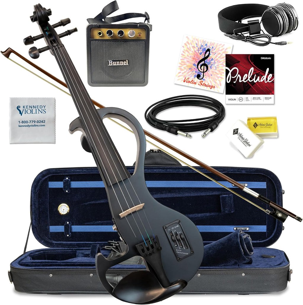 Electric Violin Bunnel Edge Outfit 4/4 Full Size (Clear) (BLACK) — With Carrying Case and Accessories - Mini Amp - Headphone Jack - Piezo Ceramic Pick-Up - from Kennedy Violins