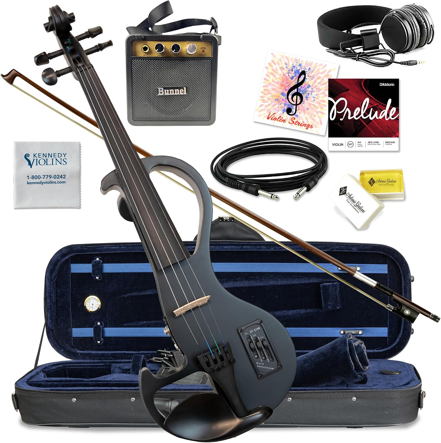 Electric Violin Bunnel Edge Outfit 4/4 Full Size (Clear) (BLACK) — With Carrying Case and Accessories - Mini Amp - Headphone Jack - Piezo Ceramic Pick-Up - from Kennedy Violins
