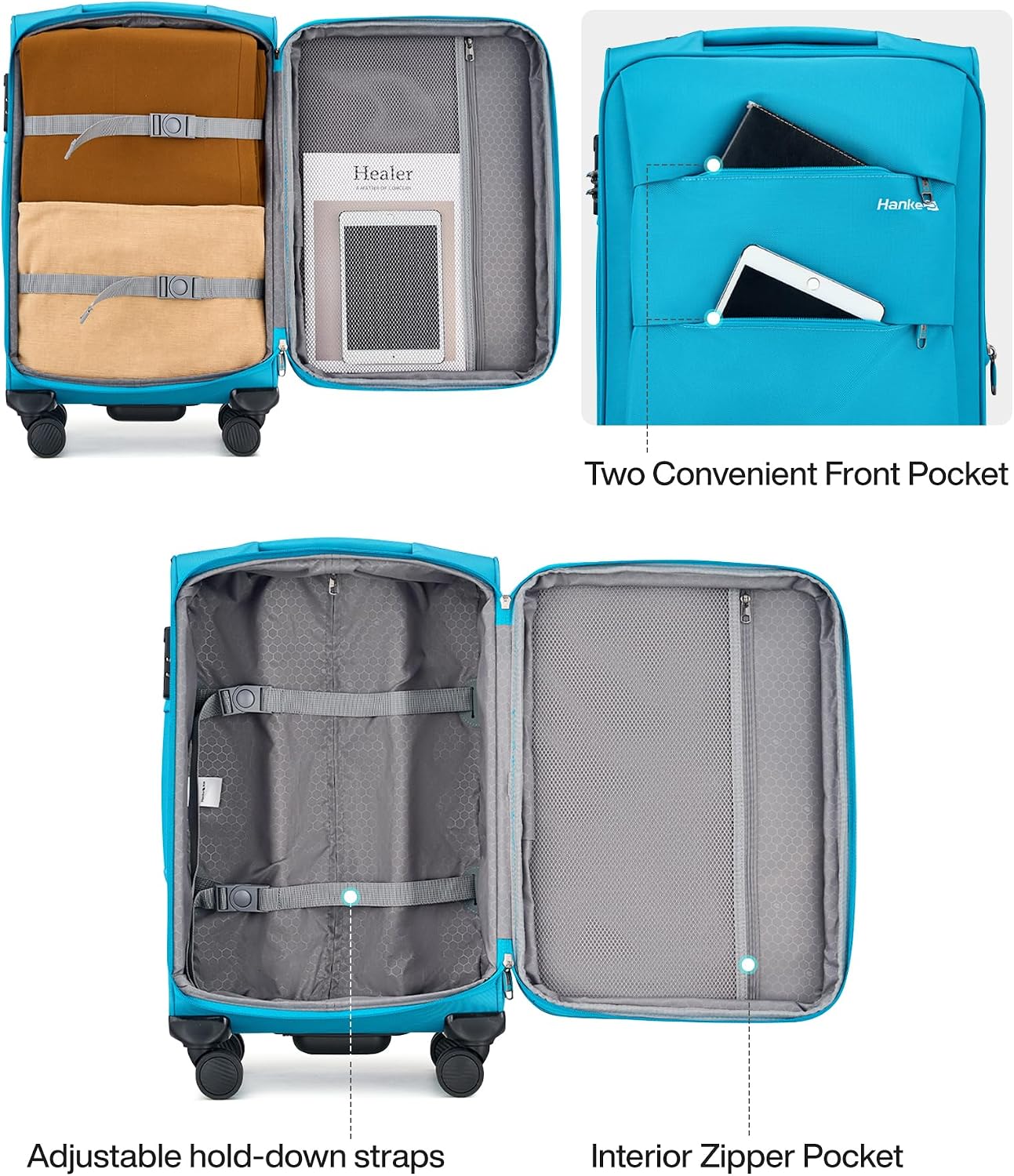 Hanke 20 Inch Expandable Carry On Luggage 22x14x9 Airline Approved Softside Suitcases with Wheels Lightweight Travel Luggage Rolling Suitcase with Lock for Men and Women.(Caribbean Blue)