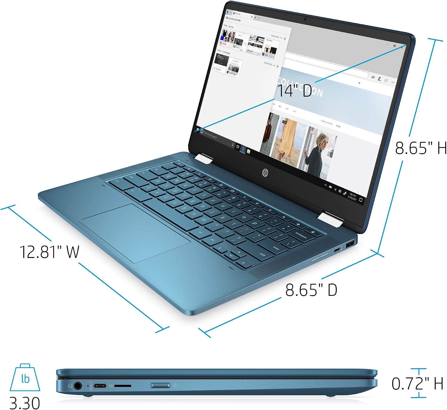 HP Chromebook x360 14' Touchscreen Laptop, Intel Celeron N4020, 4GB RAM, 64GB HD, Chrome OS, Forest Teal/Light Teal, 14a-ca0190wm