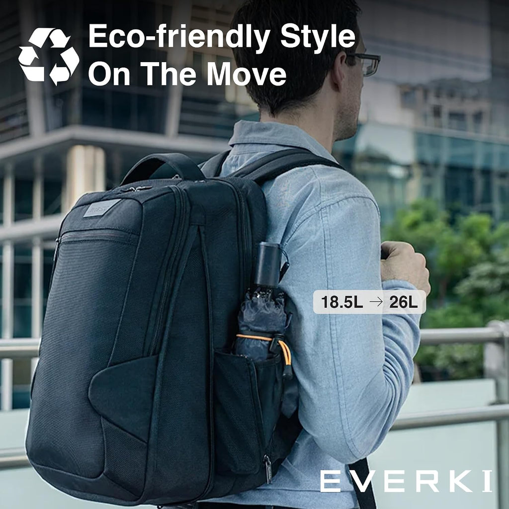 EVERKI Studio Expandable Laptop Backpack for Men & Women – Business and Travel Backpack, Carry-On Backpack for Office & Travel, Professional Backpack, 15-Inch MacBook & Laptop Bag, 26L Capacity, Black