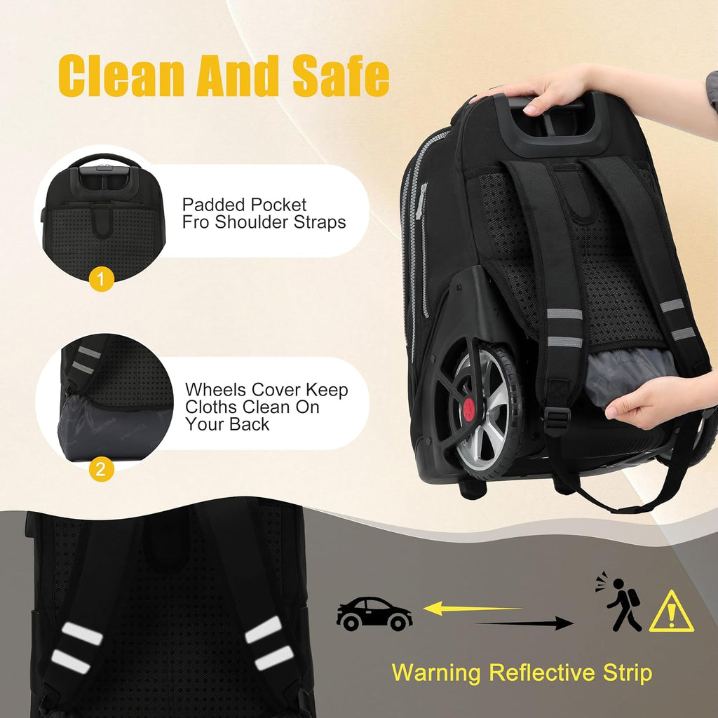 NEW TILAMI 19 Inch Rolling Backpack with Lunch Bag for Girls Boys Wheeled Laptop Backpack Durable Carry-on Bag School Travel, Black