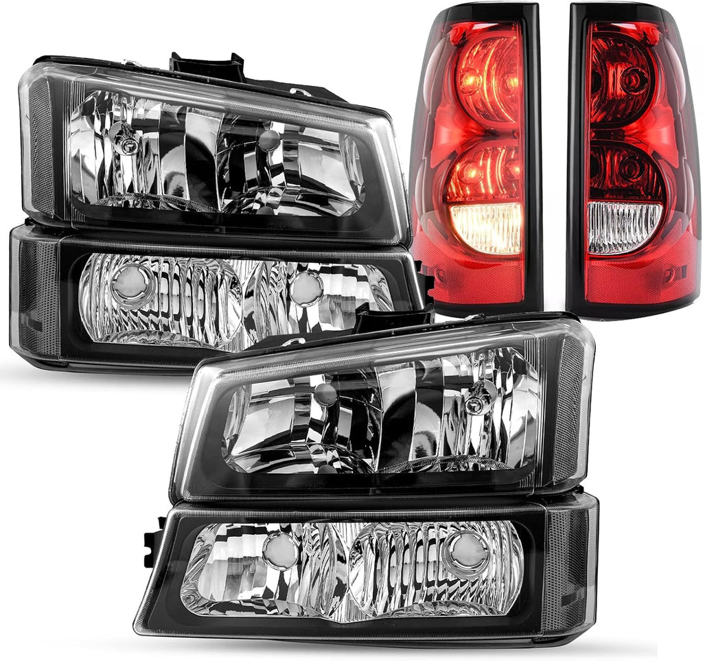 Headlights Tail Lights Assembly Kit compatible with 2003-2006 Chevy Silverado 1500 2500 (2007 Sivlerado Classic) Halgoen Headlamp w/Rear Brake Lamp Taillight, Black Clear L+R for 2003 2004 2005 2006