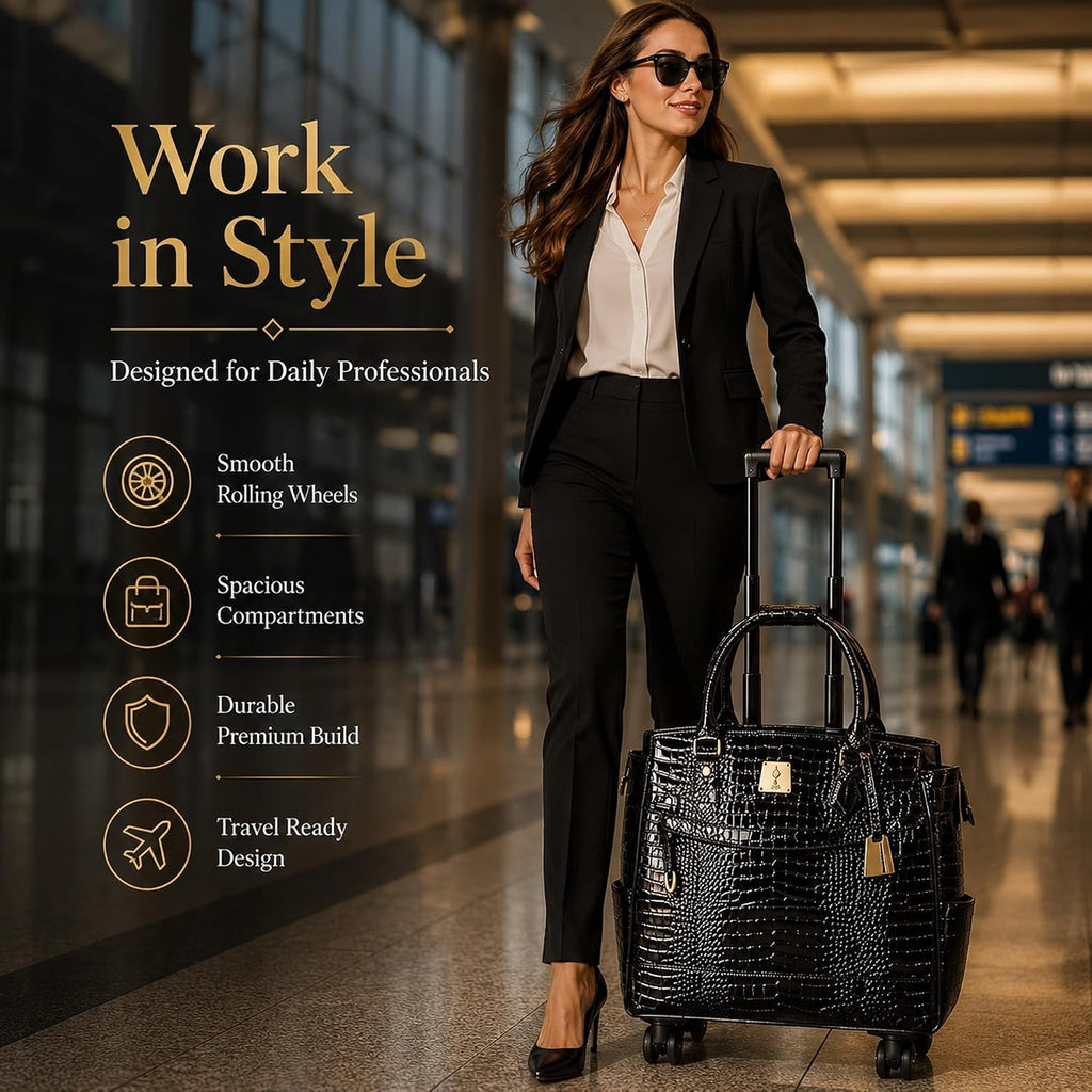 Rolling Laptop Bag for Women with Wheels & Handle Luxury Pure Leather Embossed Work Bag with Laptop Sleeve Travel Briefcase