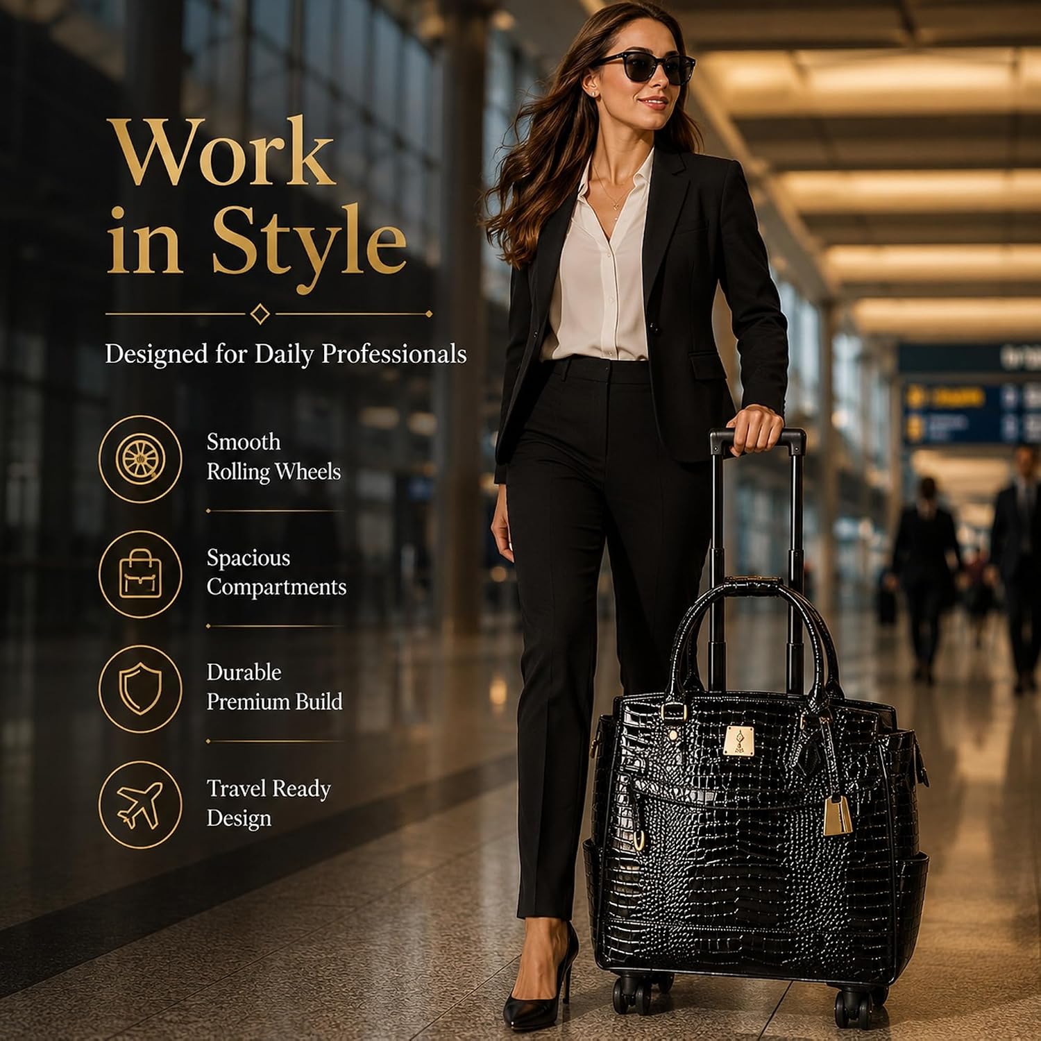 Rolling Laptop Bag for Women with Wheels & Handle Luxury Pure Leather Embossed Work Bag with Laptop Sleeve Travel Briefcase