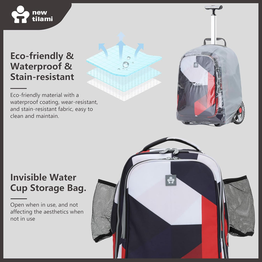 NEW TILAMI 20' Rolling Backpack for Teens Adults, Climbing Stairs Waterproof Backpack with Wheels for School Business Trave Camping with Laptop Compartment, Fit 17 Inch Laptop, Black - Red Combo