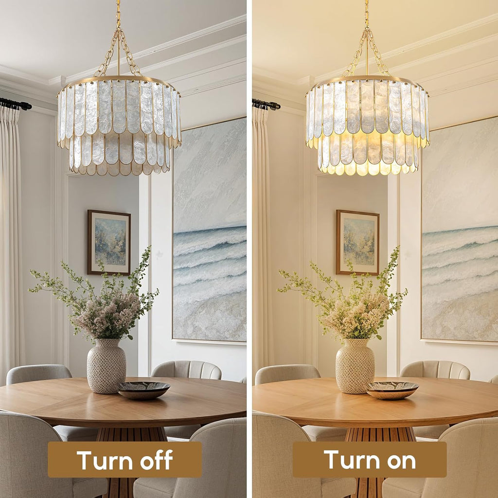 Modern 5-Light Shell Chandelier, 2-Tiered Faceted Pendant Light with Gold Metal Frame, E26 Lighting Fixture for Dining Room, Bedroom, Living Room