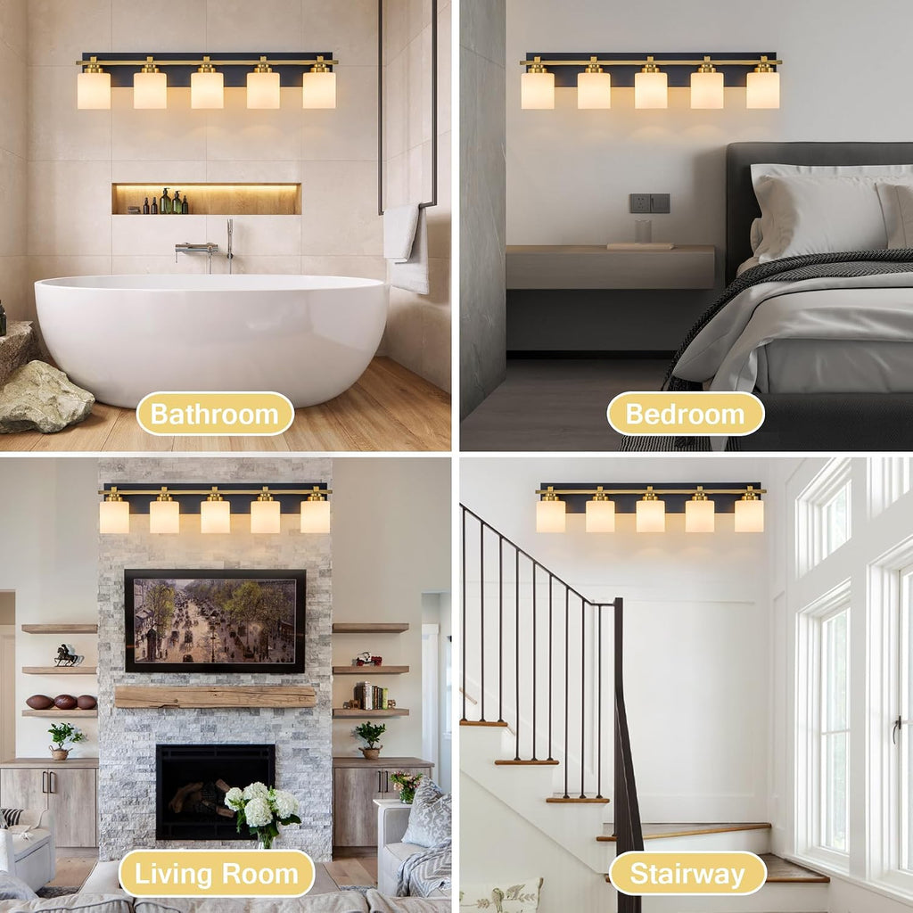 Modern Bathroom Light Fixtures Over Mirror, Vanity Lights for Bathroom Wall Sconces with Milky White Glass Shades, E26 Socket (Bulbs Not Included), 5 Light, Black Gold