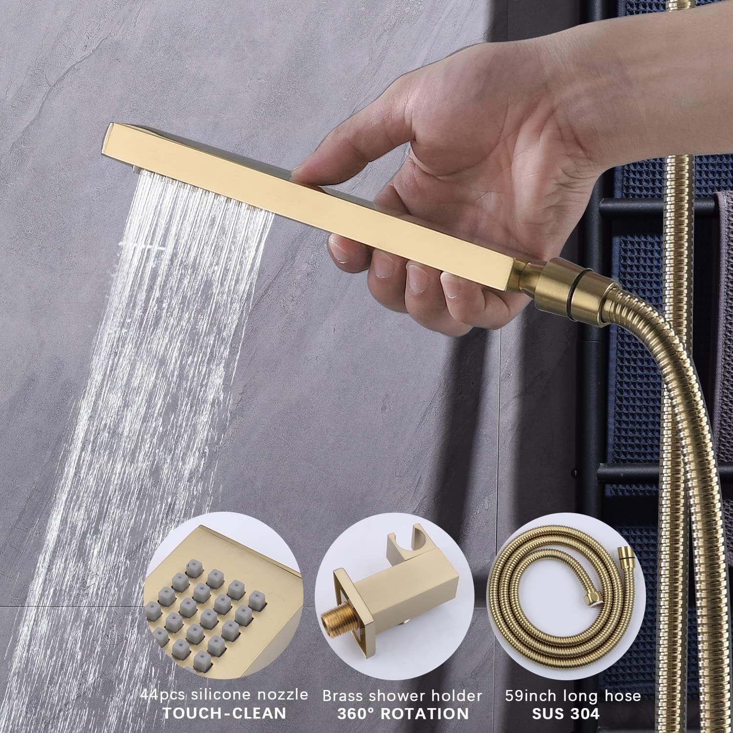 Shower System 16X26 inch Ceiling Mounted Shower Faucet Set with 8 inch Dual Shower Head, with 6 PCS Body Jets and Handheld Spray, Digital Temperature Display Shower Valve, Brushed Gold