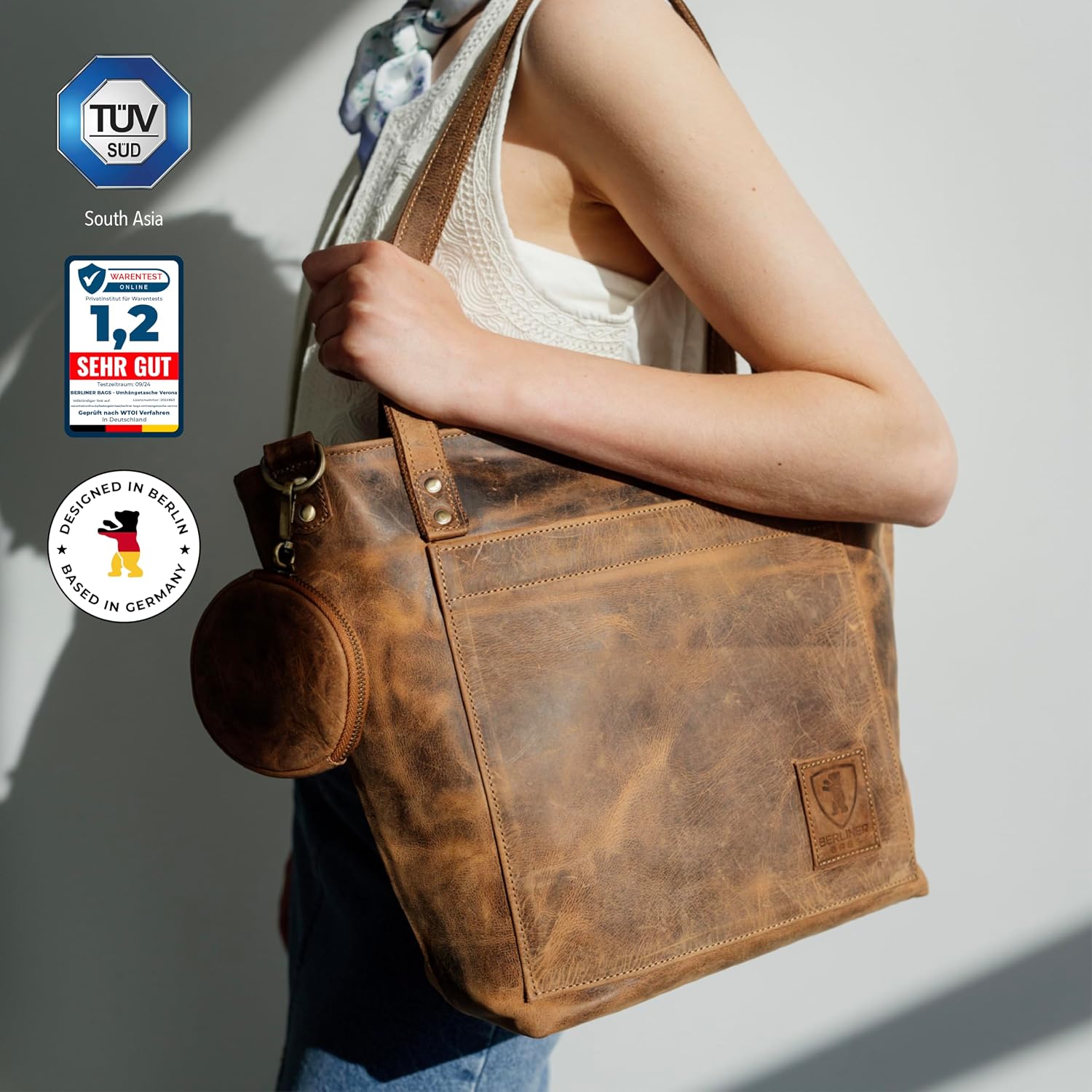BERLINER BAGS Vintage Genuine Leather Tote Bag Verona, Handbag, Large Shopper, Work Bag for Women