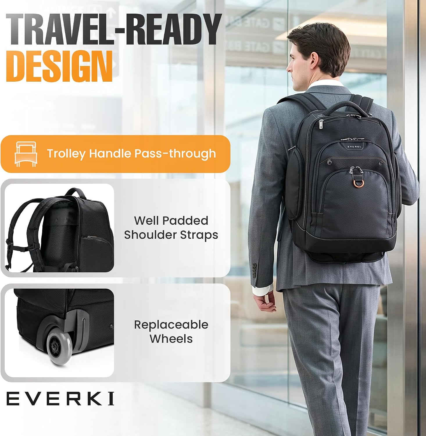 EVERKI Atlas Wheeled 2 Rolling Backpack - Business 30L Travel Backpack with Grey Replaceable Wheels for Professional, RFID-Blocking, Books, Quick-Access Pocket & 13' to 17.3' Laptops - (EKP122BG-ECO)