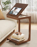 AQIMUELE Wooden C-Shaped End Table,Couch Table with Adjustable Desktop,Small Rolling Side Table with 2 Lockable Wheels,Small End Table for Couch, Living Room,Bedroom (Walnut)