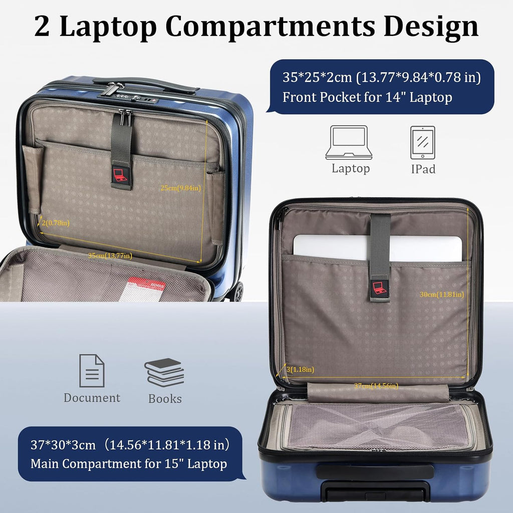 Kaleenie 16' Carry On Briefcase Luggage with 2 Laptop Compartments, Lightweight Hardshell Suitcase with Spinner Silent Wheels, for Commute Work Business Trip, Dark Blue